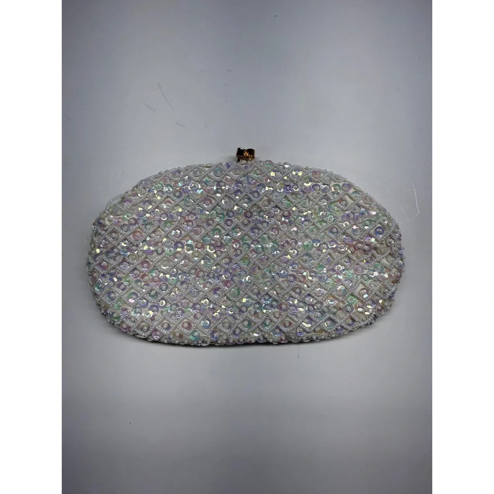 Vintage 1960s La Regale Iridescent Sequin Beaded Bridal Clutch Purse. Perf cond